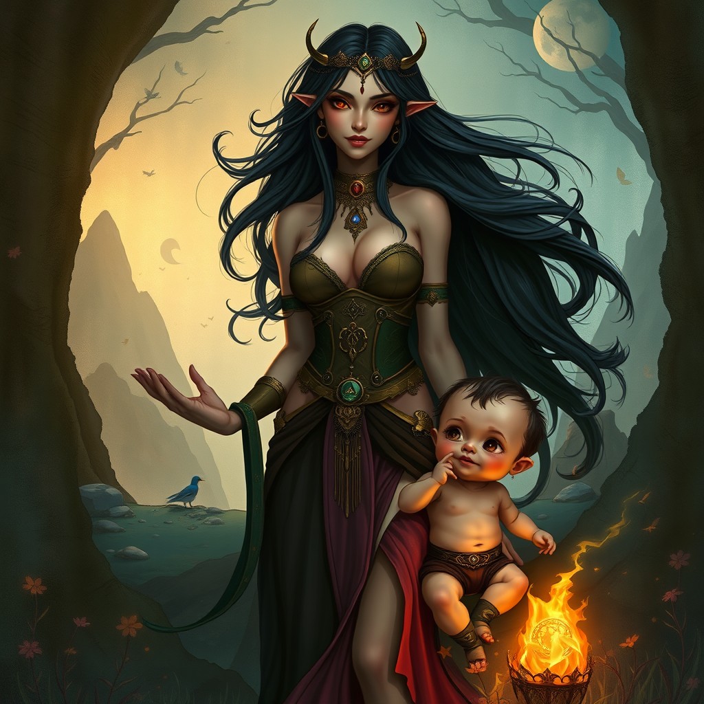 A captivating illustration of Lilith, the legendary figure, depicted with grace and strength, showcasing long, flowing dark hair, adorned in a mesmerizing outfit that combines ancient and contemporary styles, detailed with mystical symbols