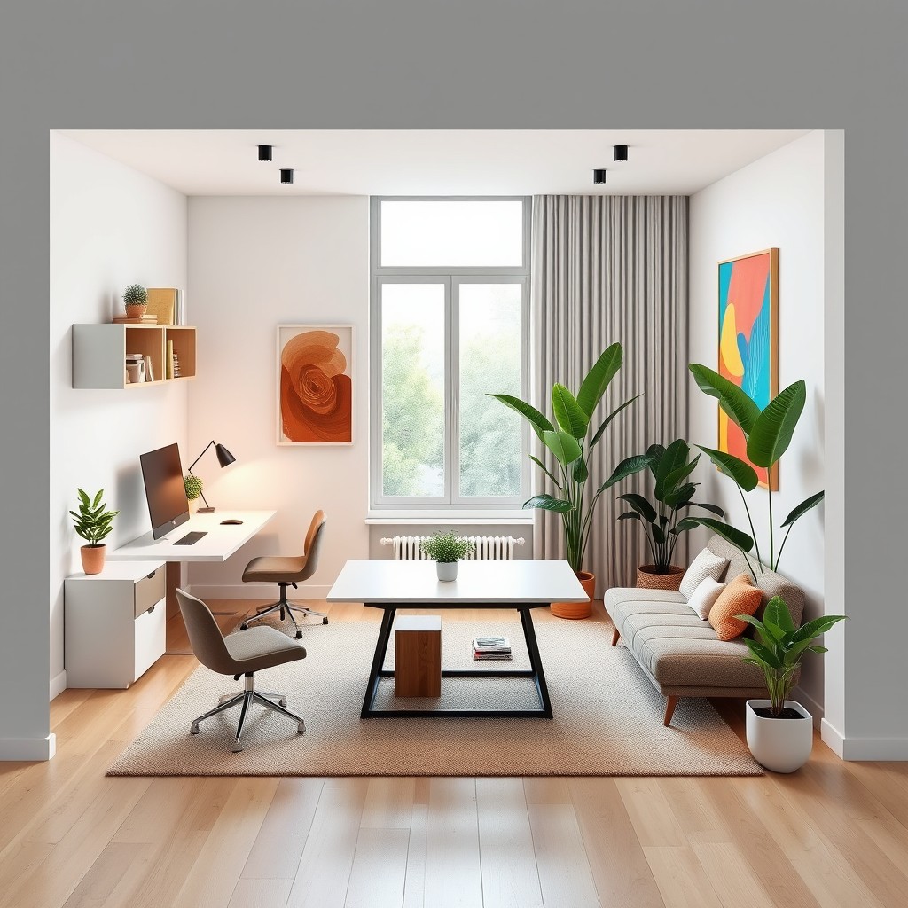 A multifunctional office and living room design for a space measuring 7