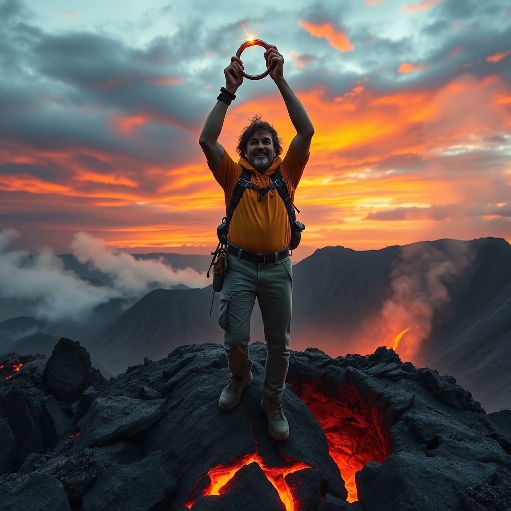 A stunning visual of a person, depicted as an adventurous explorer, standing triumphantly at the edge of a volcano with a glowing orange lava flow beneath, carefully holding a shimmering ring above their head as if offering it to the volcano