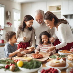 A lively family helping each other make a delicious home-cooked meal while laughing and exchanging presents in a kitchen wreathed in holiday cheer