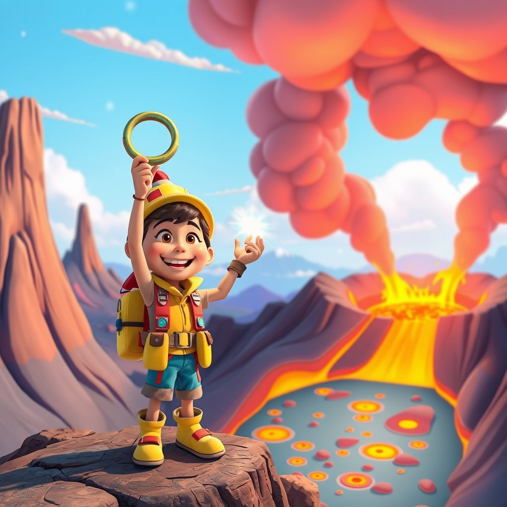 A whimsical scene in the style of a Pixar animated movie, featuring a cheerful character with a big smile, standing at the edge of a vibrant, cartoonish volcano