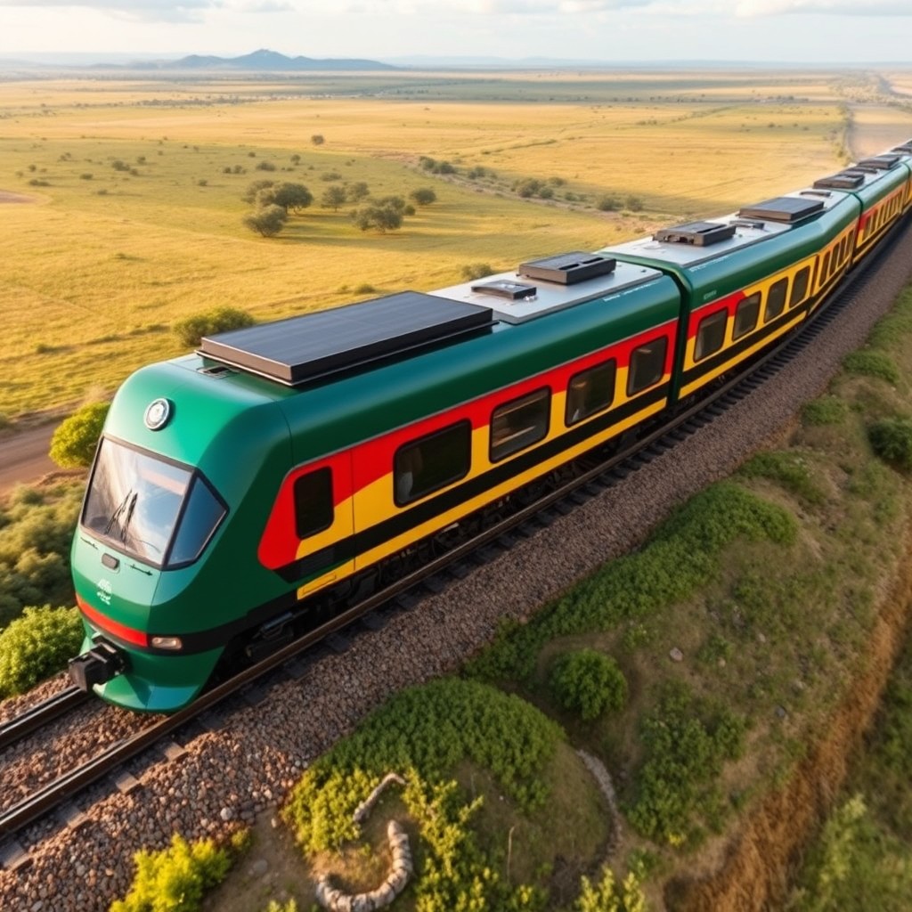 A sustainable luxury solar-powered train with ten cars, beautifully wrapped in a combination of plain green, red, yellow, black, and white colors, gliding effortlessly through the stunning landscapes of Zimbabwe