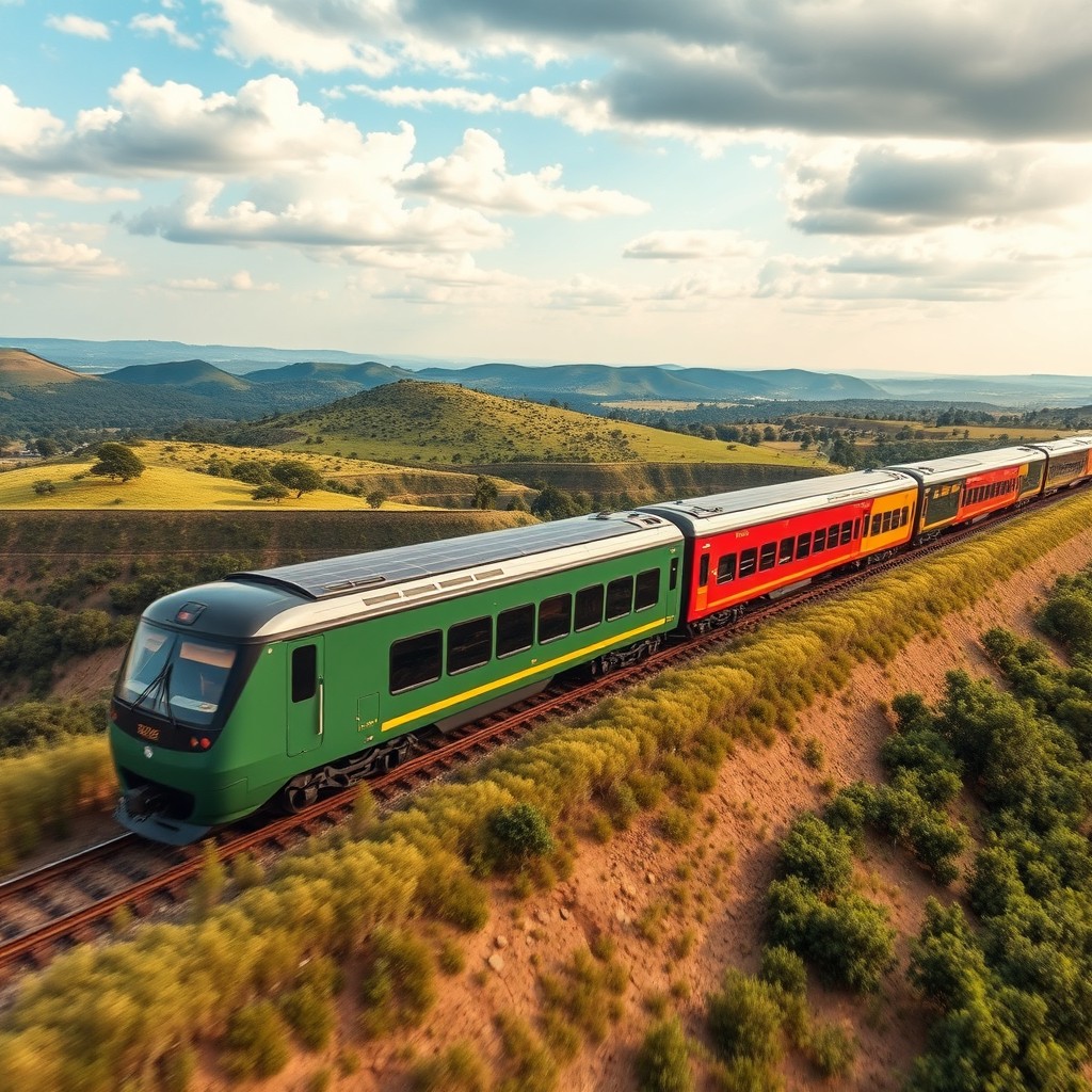 A sustainable luxury solar-powered train with ten cars, elegantly wrapped in a combination of plain green, red, yellow, black, and white colors