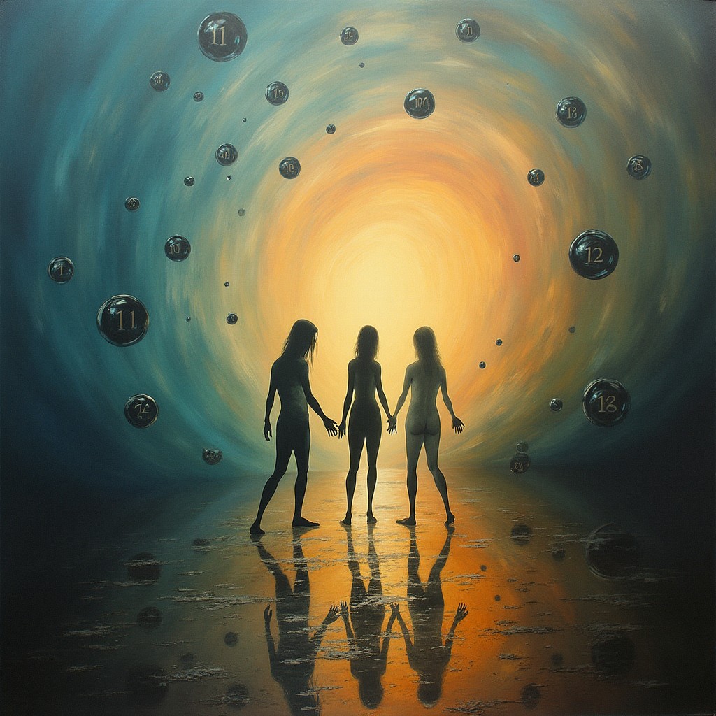 A surreal, abstract representation of the concept of 'Almost', depicted through shapes and colors that evoke feelings of anticipation and interconnectedness