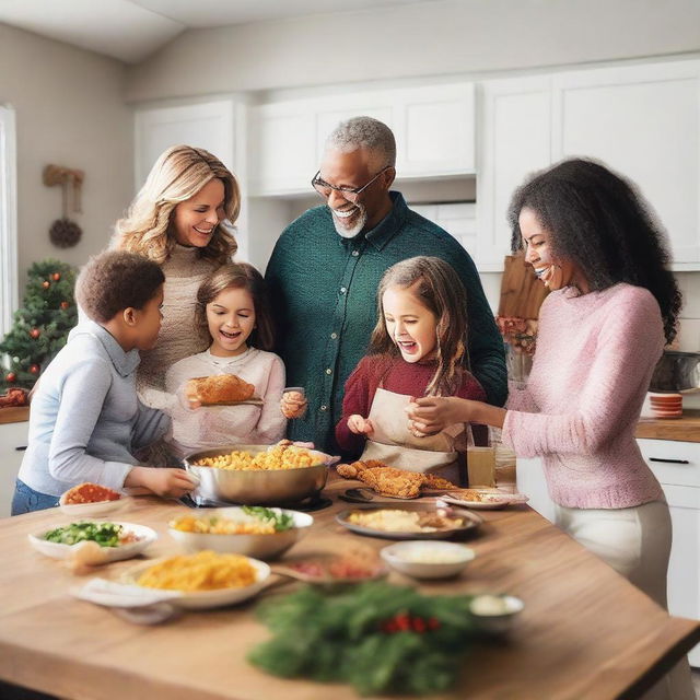 A lively family helping each other make a delicious home-cooked meal while laughing and exchanging presents in a kitchen wreathed in holiday cheer