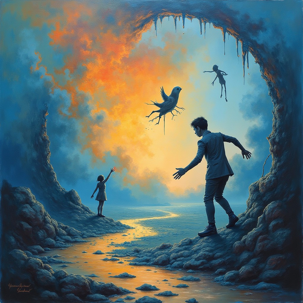 A surreal, abstract representation of the concept of 'Almost', showcasing a dreamlike landscape where boundaries blur between reality and imagination