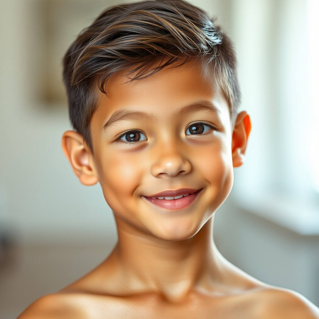 A full-body portrait of a tanager boy under 20 years old, showcasing smoothly textured skin and a glowing face