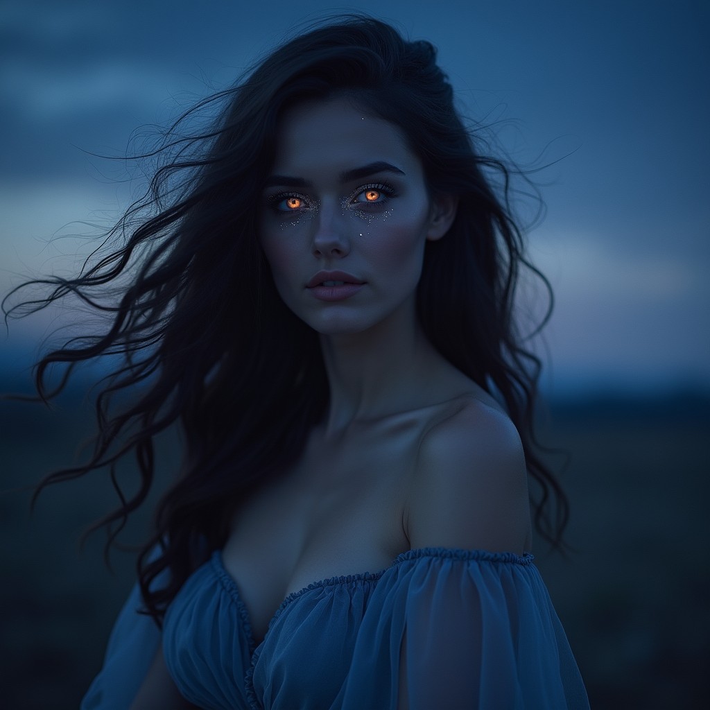 A captivating and dreamy portrait of a woman with striking eyes that glimmer like the midnight sky, filled with stars