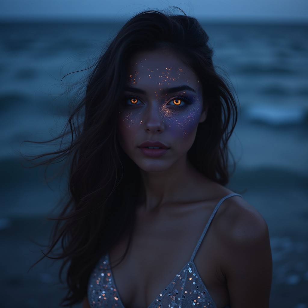 An enchanting portrait of a woman with captivating eyes that reflect the depths of midnight, sparkling like stars against a dark sky
