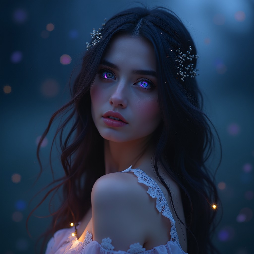 A mesmerizing and poetic portrait of a woman with enchanting eyes that reflect the essence of midnight, adorned with twinkling stars