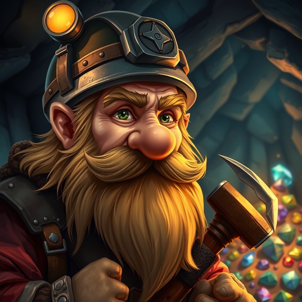 A detailed portrait of a dwarf miner, showcasing his rugged features and long, flowing beard