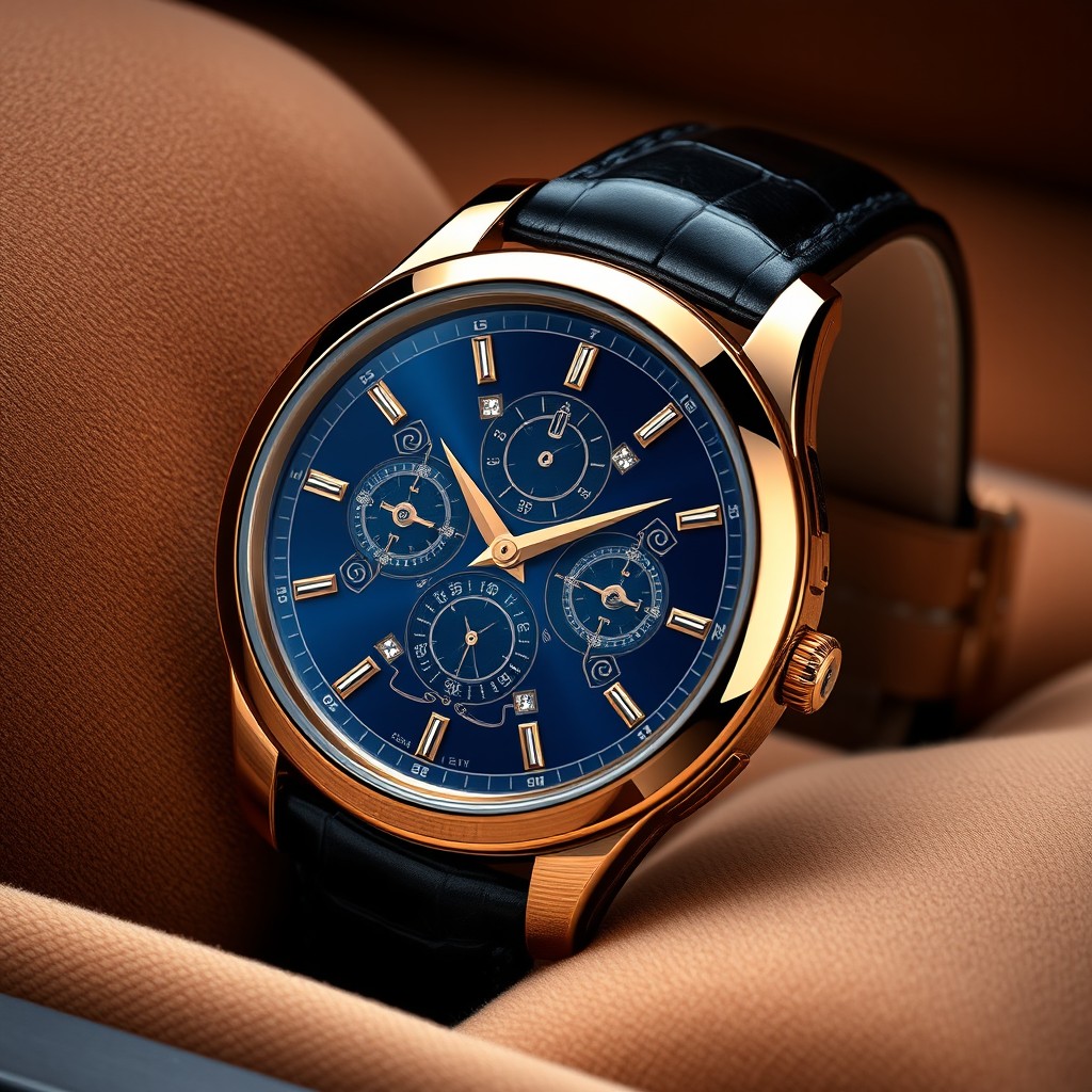 A luxury watch design showcasing elegance and power, featuring a sleek, lustrous metallic case with a gold finish