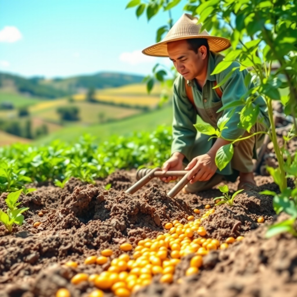 A farmer tilling the soil in preparation for planting golden seeds that will bear fruit