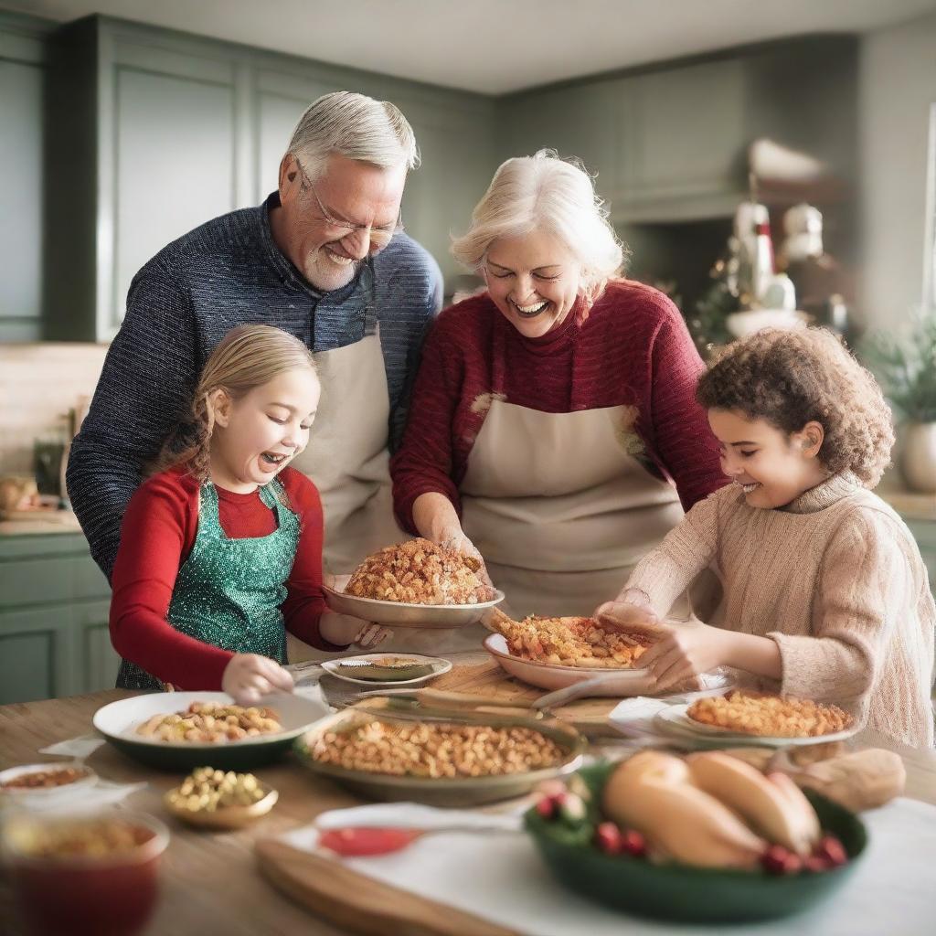 A lively family helping each other make a delicious home-cooked meal while laughing and exchanging presents in a kitchen wreathed in holiday cheer