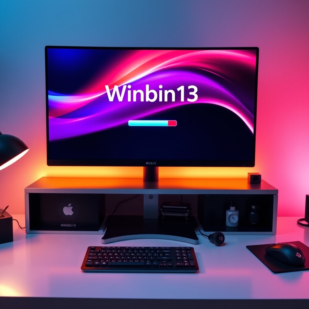 A computer desk with a sleek modern style, featuring a large monitor displaying a vibrant loading screen with the text "Winbin13" in an attractive font, resembling a Windows loading screen