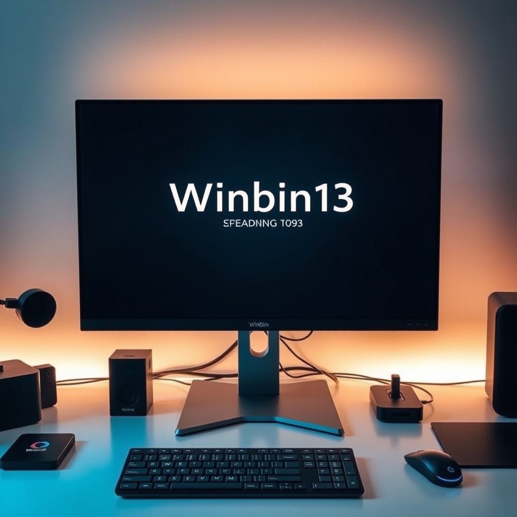 A computer desk featuring a modern monitor prominently displaying a loading screen that says "Winbin13" in a stylish font, designed to resemble a Windows operating system loading interface
