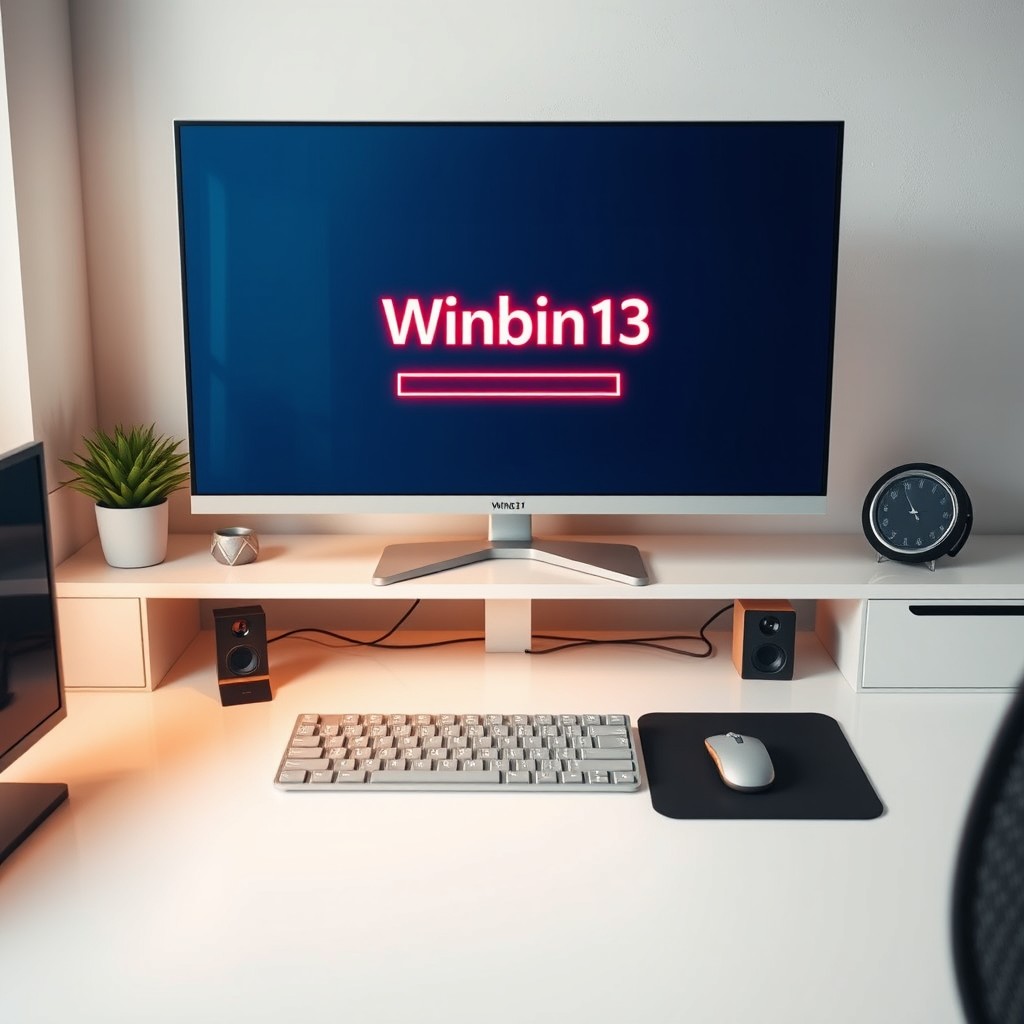 A computer desk in a modern setting featuring a large monitor displaying a loading screen that reads "Winbin13" in a stylish font, designed to look like a Windows operating system loading interface
