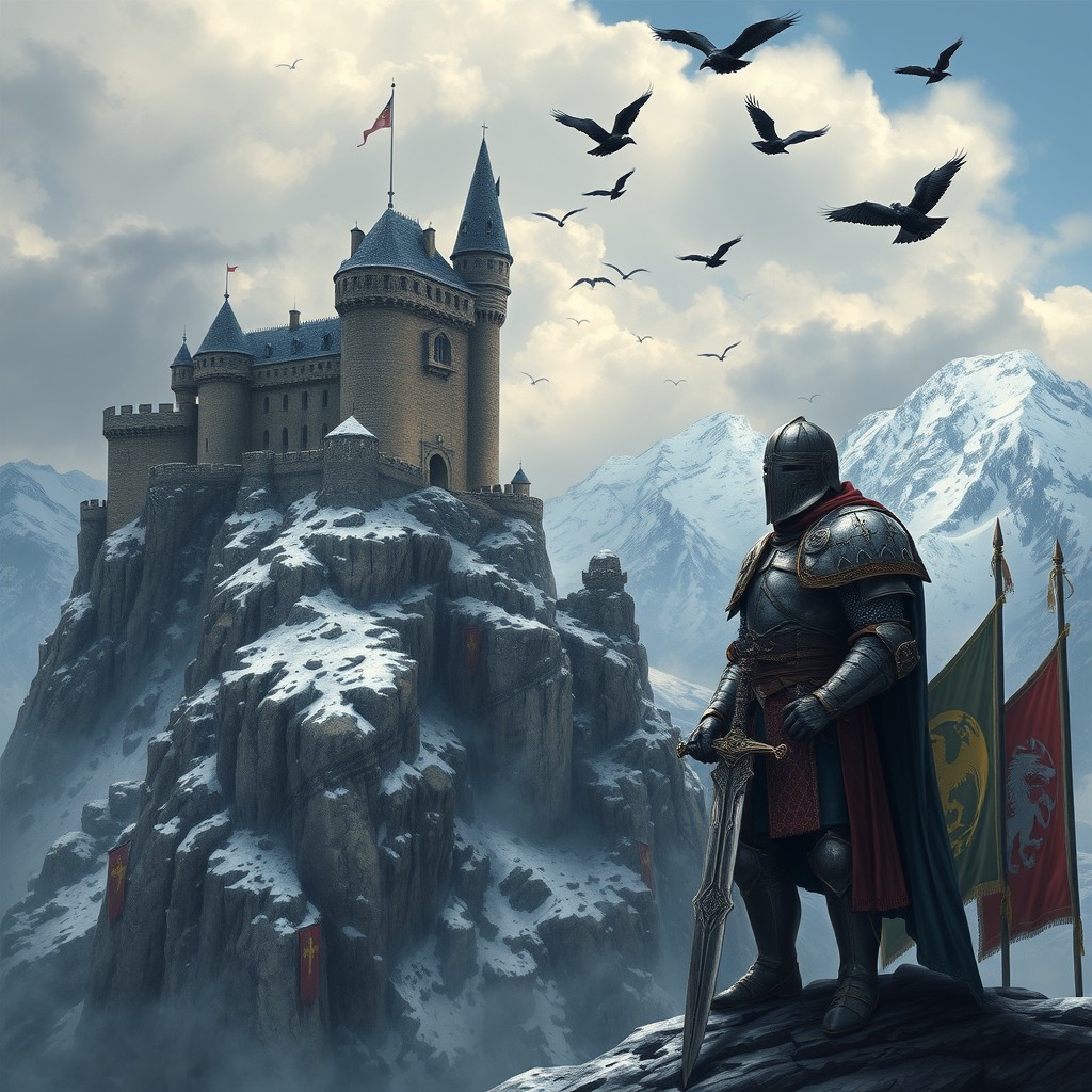 A richly detailed fantasy landscape inspired by the Game of Thrones series, featuring a medieval castle perched on a rocky cliff with snow-capped mountains in the background