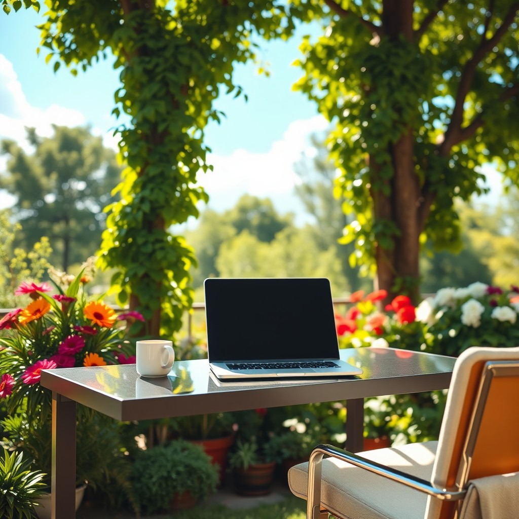 A vibrant and sunny outdoor workspace scene, featuring a modern desk with a sleek laptop open, surrounded by lush greenery and colorful flowers