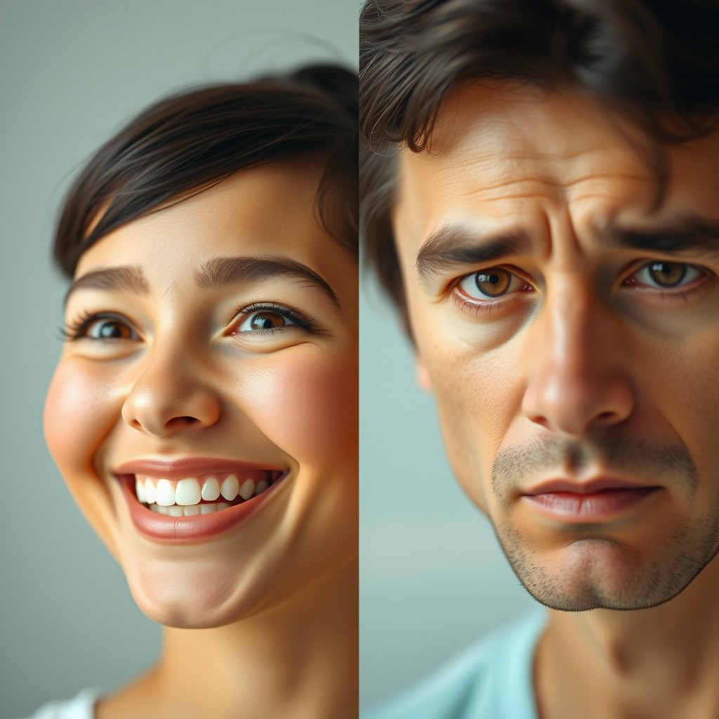A portrait showcasing a contrast between a happy face and a serious face of the same person