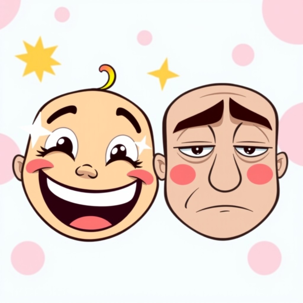 A fun and vivid illustration featuring two cartoon faces side by side, one depicting a happy expression with a big, cheerful smile, sparkling eyes, and bright colors, radiating joy and positivity