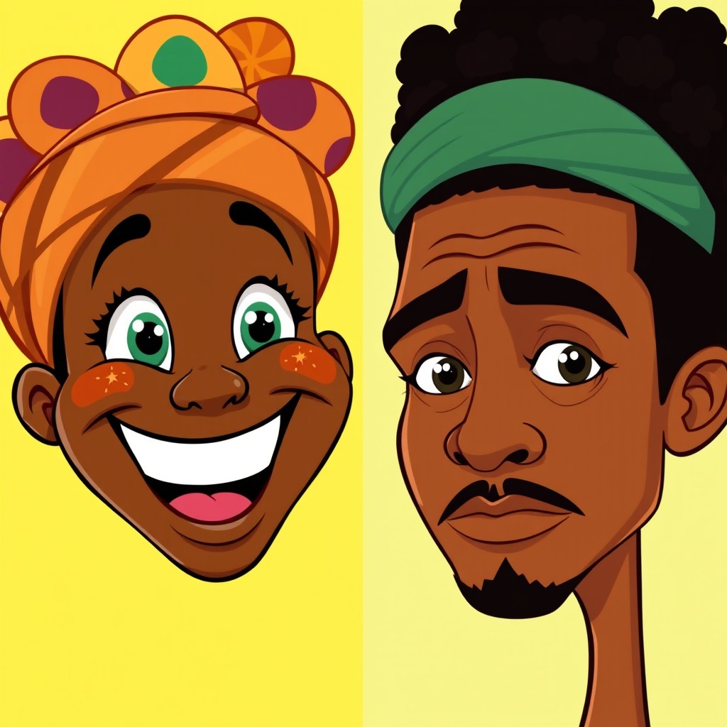 A vibrant illustration featuring two African cartoon faces side by side, one depicting a happy expression with a broad, cheerful smile, bright sparkling eyes, and colorful hair or accessories, radiating joy and positivity
