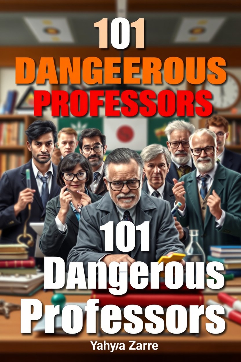 A creative and eye-catching cover image for an article titled '101 Dangerous Professors' by Yahya Zare, featuring a stylized depiction of a diverse group of professors in various academic attire, surrounded by books, laboratory equipment, and symbols of knowledge