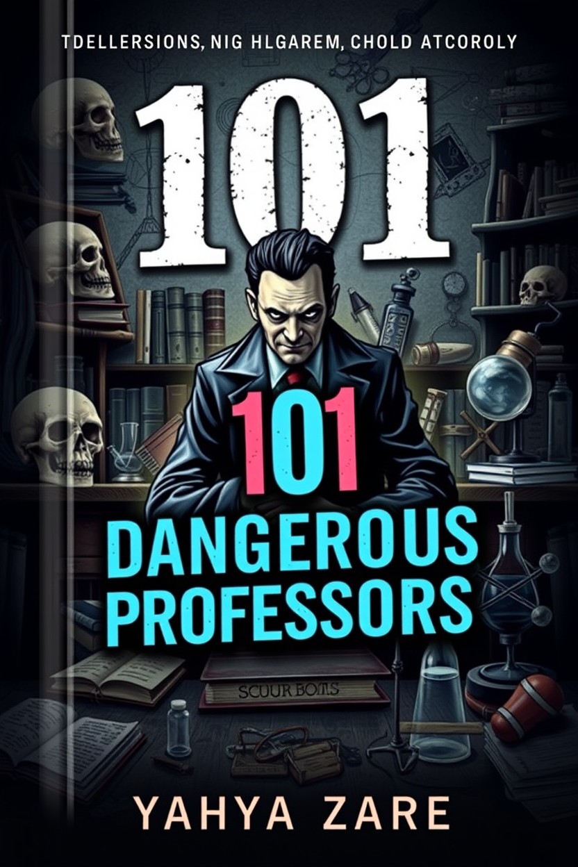 A striking and visually captivating book cover for '101 Dangerous Professors' by Yahya Zare