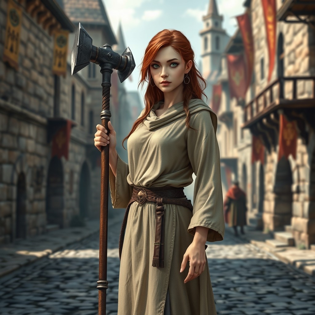 In the foreground of a medieval city, a Kalashar priestess stands confidently, holding a battle hammer in her hand