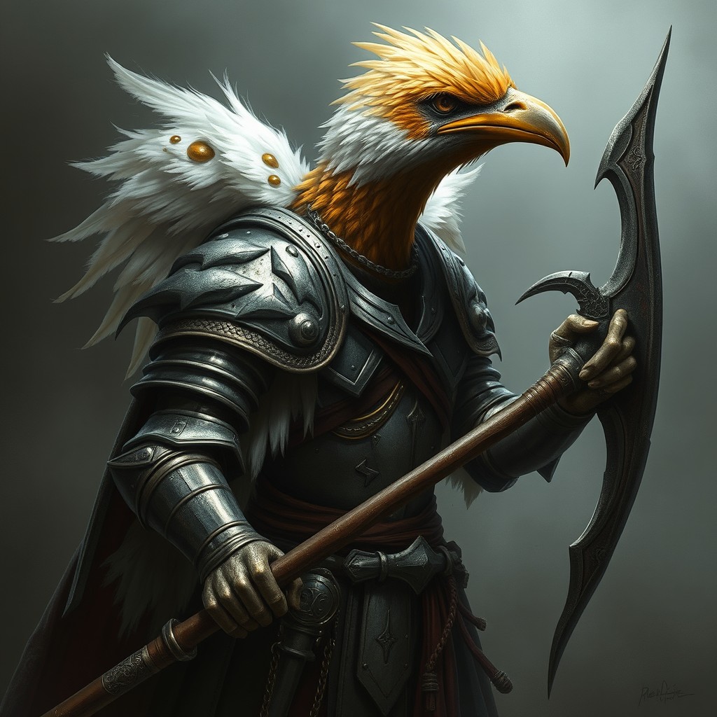 Aocra, a soldier bird creature with a mix of white and golden feathers, clad in medieval soldier armor, wielding a halberd as a weapon