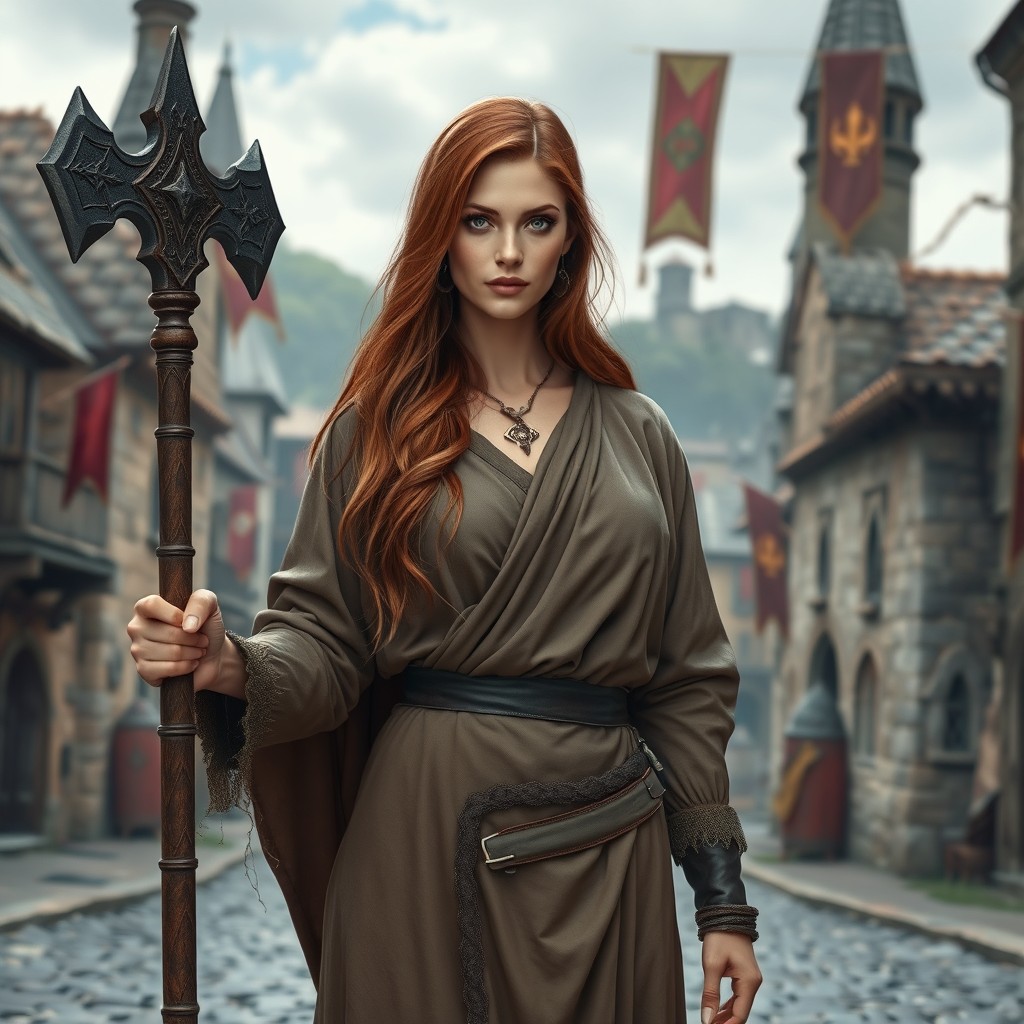 In the foreground of a medieval city, a Kalashar priestess stands confidently, holding a battle hammer in her hand