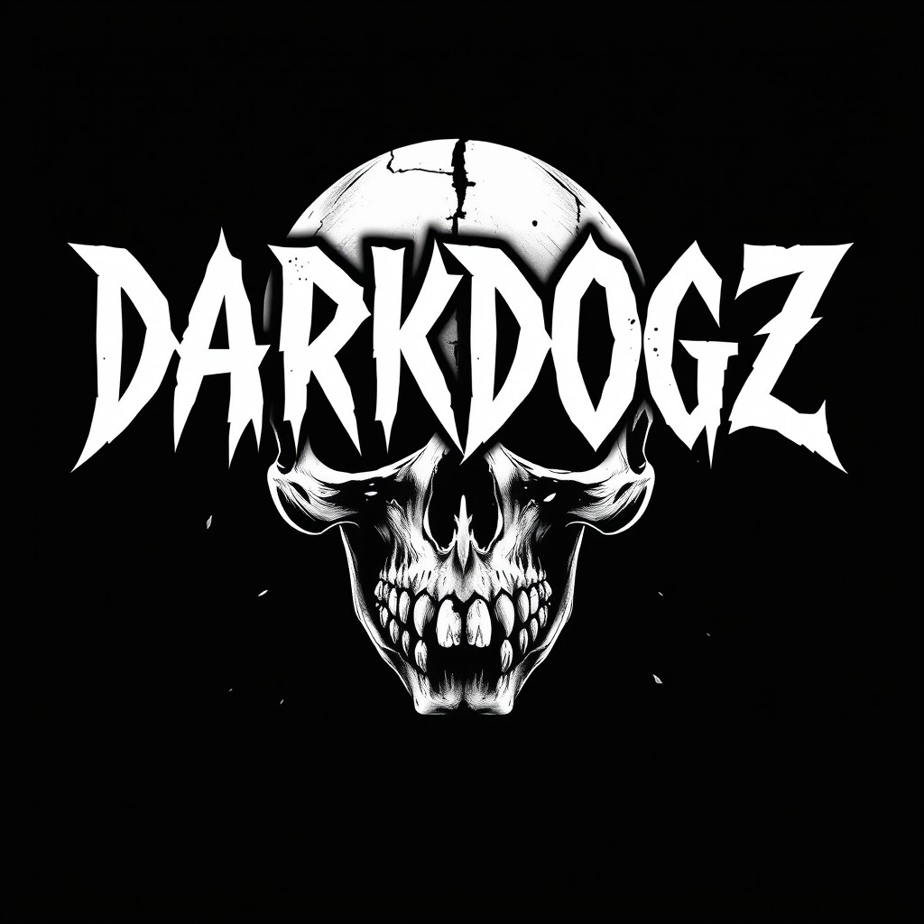 A striking graphic design featuring the white lettering "DARKDOGZ" prominently displayed on a deep black background