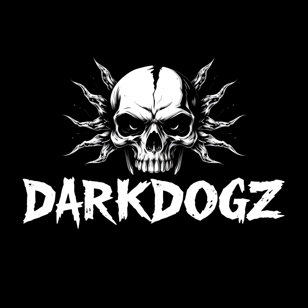 A striking graphic design featuring the white lettering "DARKDOGZ" boldly displayed on a deep black background