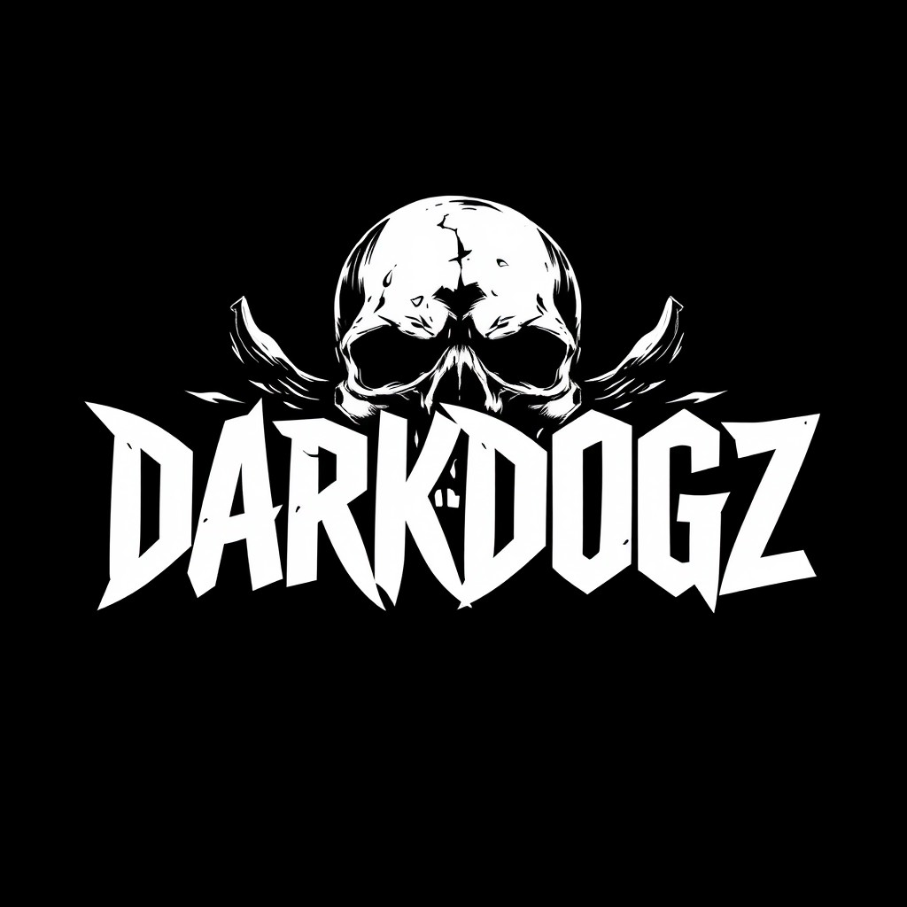 An intense graphic design featuring the white lettering "DARKDOGZ" in a bold, aggressive font on a deep black background