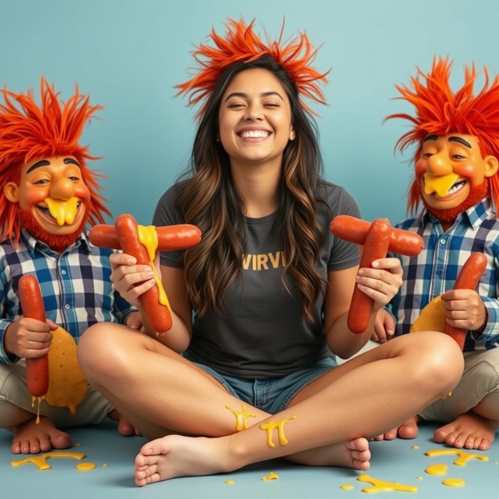 A cheerful Latina woman appears to be 18 years old, sitting comfortably in a criss-cross position, with a bright smile and her eyes gently closed, exuding joy