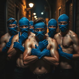Un grupo de ladrones, hombres jóvenes con ojos azules intensos, todos sin camiseta y exhibiendo una presencia imponente