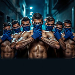 Un grupo de ladrones, hombres jóvenes con ojos azules intensos, todos sin camiseta y exhibiendo una presencia imponente