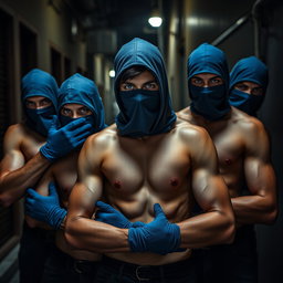 Un grupo de ladrones, hombres jóvenes con ojos azules intensos, todos sin camiseta y exhibiendo una presencia imponente