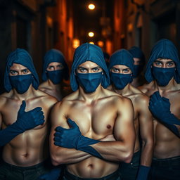 Un grupo de ladrones, hombres jóvenes con ojos azules intensos, todos sin camiseta y exhibiendo una presencia imponente
