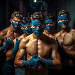 Un grupo de ladrones, hombres jóvenes con ojos azules impactantes, todos sin camiseta, mostrando una expresión decidida y audaz