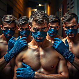 Un grupo de ladrones, hombres jóvenes con ojos azules impactantes, todos sin camiseta, mostrando una expresión decidida y audaz