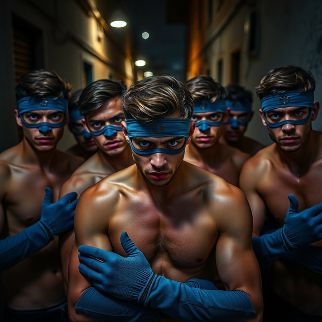 Un grupo de ladrones, hombres jóvenes con ojos azules impactantes, todos sin camiseta, mostrando una expresión decidida y audaz