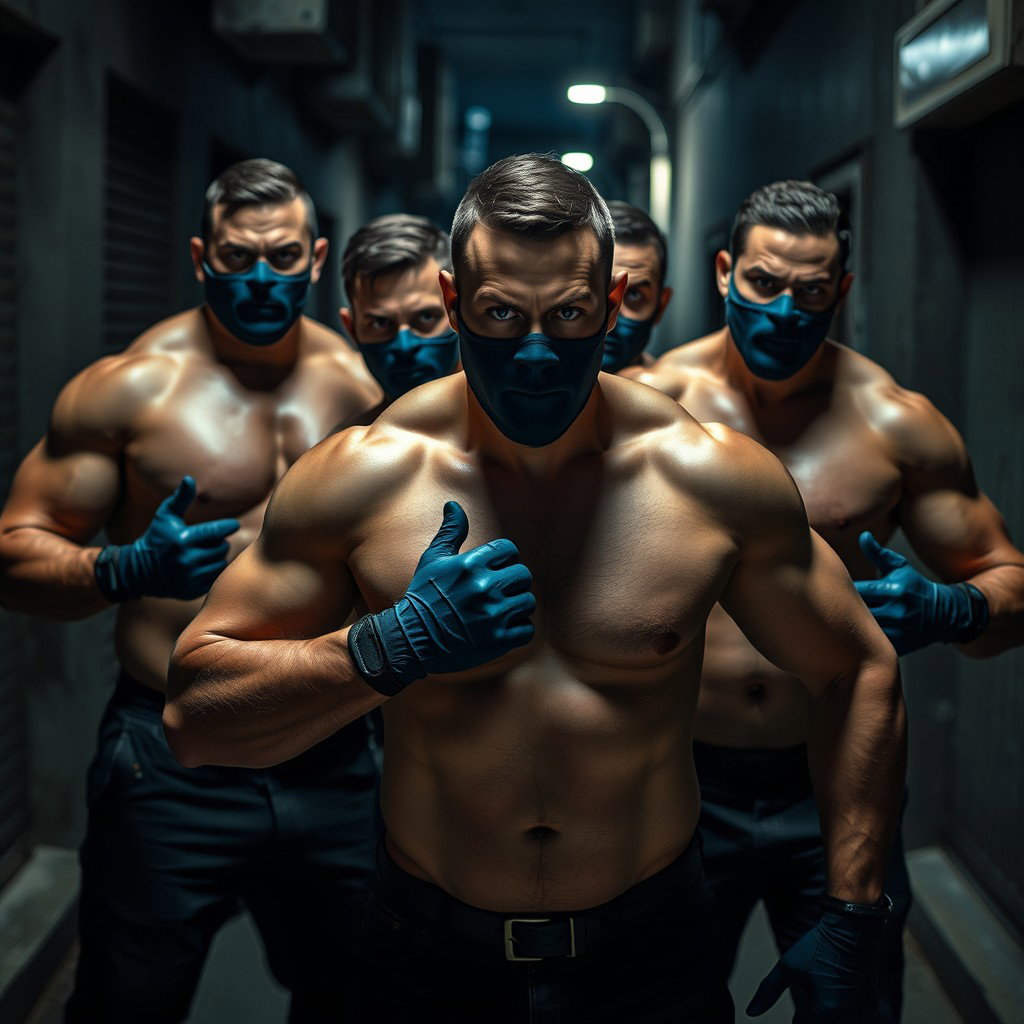 Un grupo de ladrones, hombres robustos con ojos azules penetrantes, todos sin camiseta, mostrando una actitud desafiante