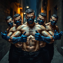 Un grupo de ladrones, hombres robustos con ojos azules penetrantes, todos sin camiseta, mostrando una actitud desafiante