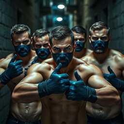 Un grupo de ladrones, hombres robustos con ojos azules penetrantes, todos sin camiseta, mostrando una actitud desafiante