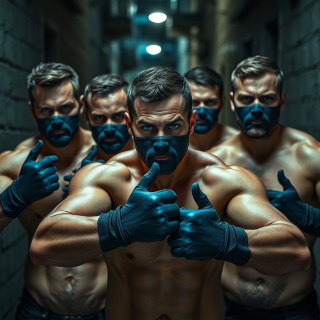Un grupo de ladrones, hombres robustos con ojos azules penetrantes, todos sin camiseta, mostrando una actitud desafiante