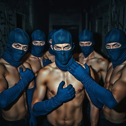 A dramatic scene featuring a group of young male thieves with striking blue eyes, all without shirts, showcasing their toned physiques