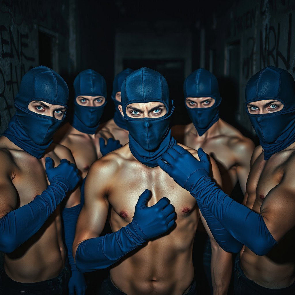 A dramatic scene featuring a group of young male thieves with striking blue eyes, all without shirts, showcasing their toned physiques
