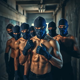 A dramatic scene featuring a group of young male thieves with striking blue eyes, all without shirts, showcasing their toned physiques