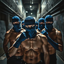 A thrilling scene featuring a group of male thieves with striking blue eyes, all without shirts, flaunting their muscular physiques